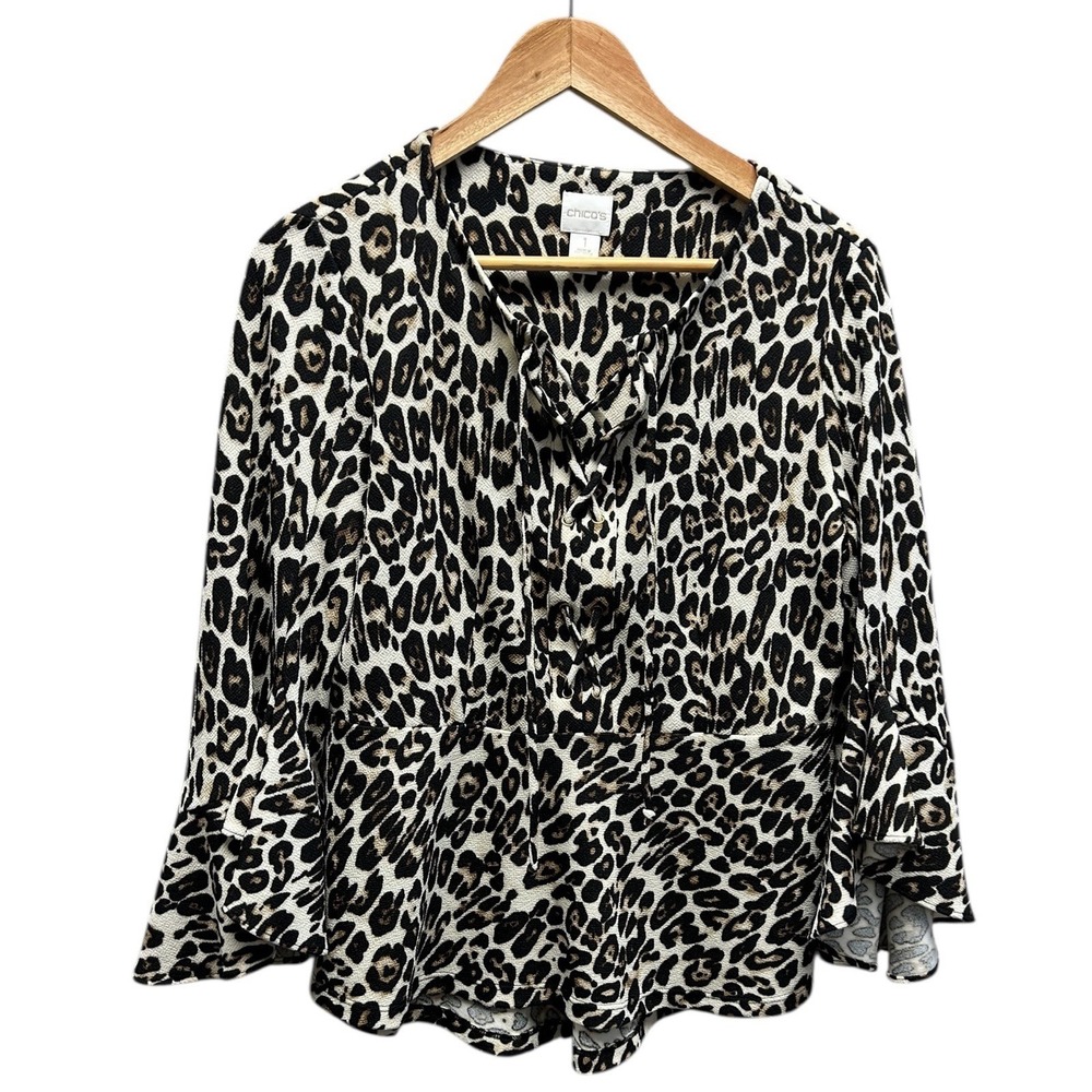 Chicos‎ Leopard Print Tie Pullover Top Sz 1 US M 3/4 Sleeve Boho Blouse
